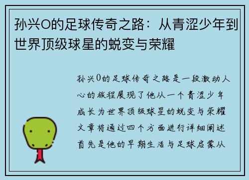 孙兴O的足球传奇之路：从青涩少年到世界顶级球星的蜕变与荣耀