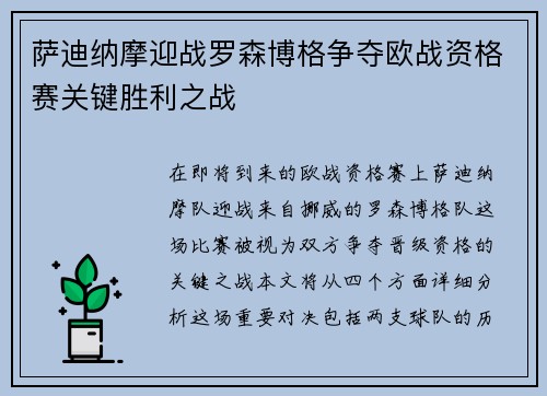 萨迪纳摩迎战罗森博格争夺欧战资格赛关键胜利之战